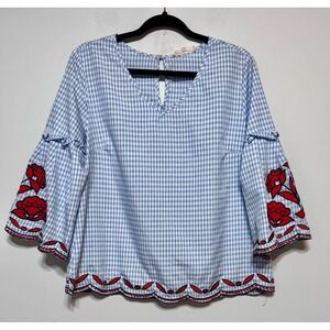 Solitaire Embroidered Gingham Top Size Large Cottagecore Festival Prairie‎ Chic
